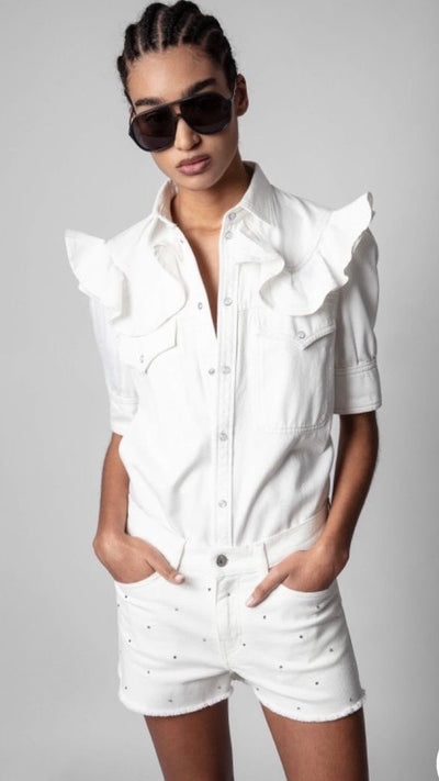 Zadig & Voltaire Toky Denim Top w Ruffle Shoulder -White