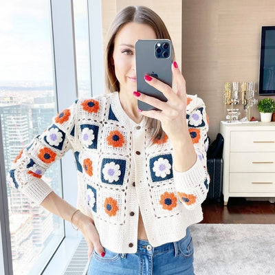 JUST ONE Knitted Floral Crop Sweater