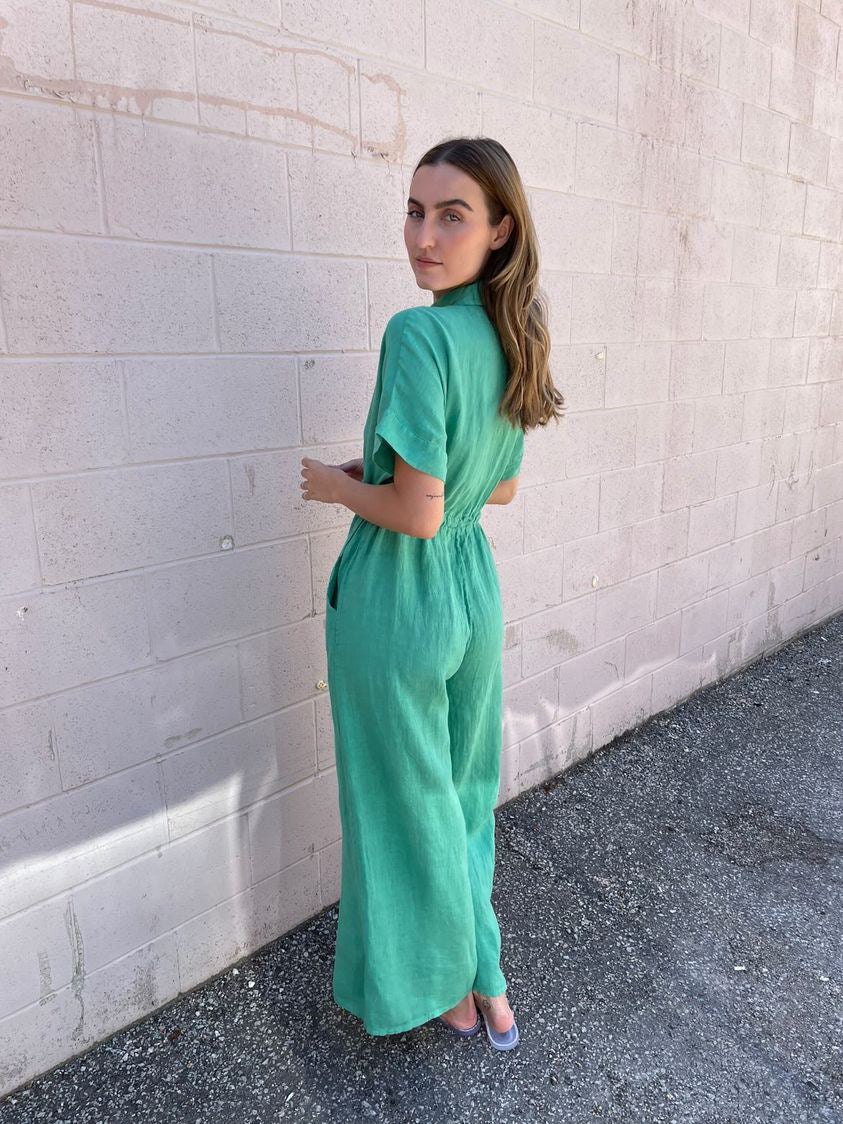 Made In Italy S/S Button Up Linen Jumpsuit - Green
