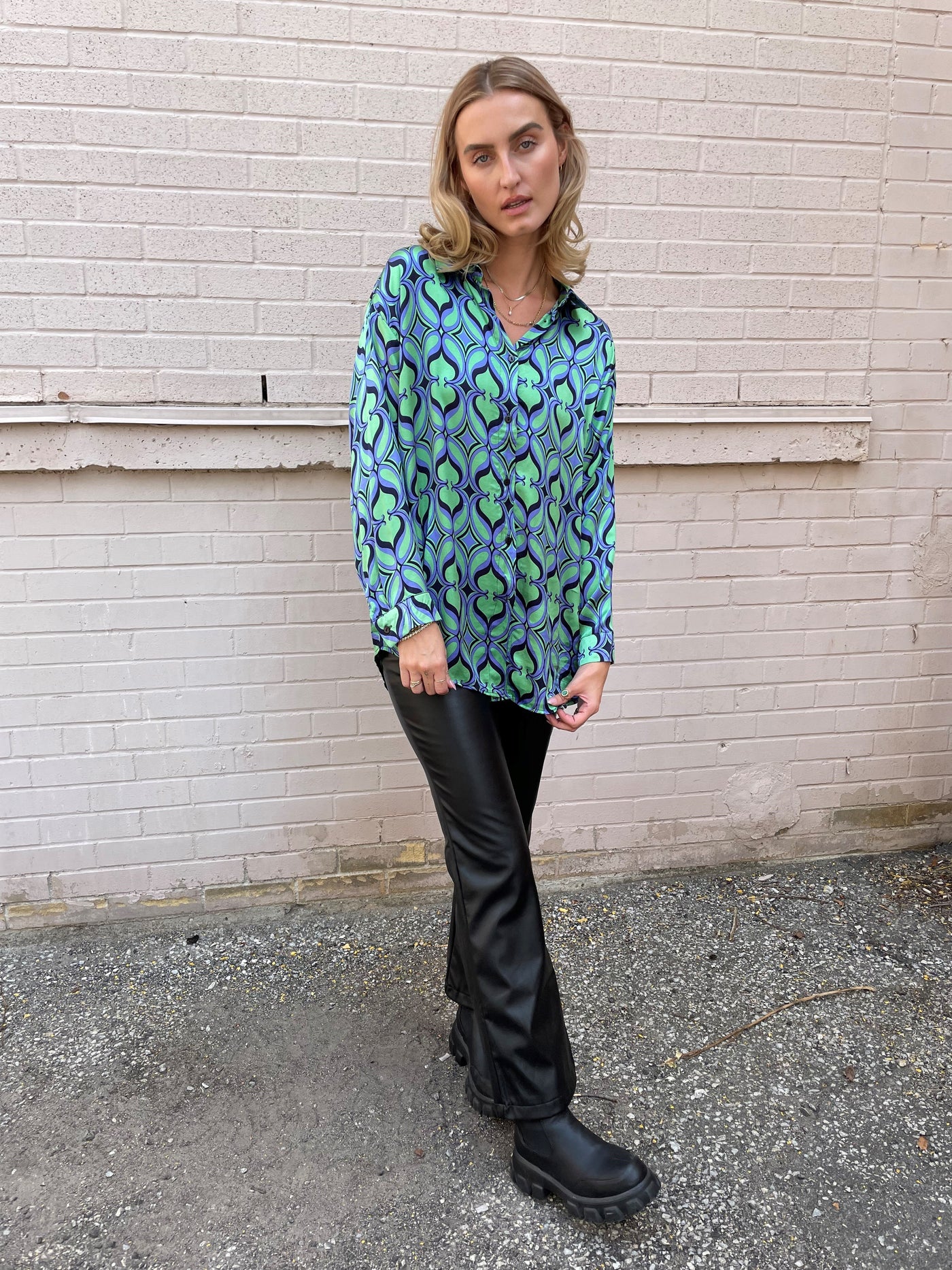 The Pink Door Green & Blue Print Silky Shirt