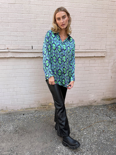 The Pink Door Green & Blue Print Silky Shirt