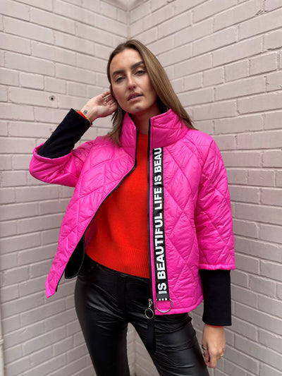 The Pink Door Puffer Jacket w/ Letter Detail - Pink