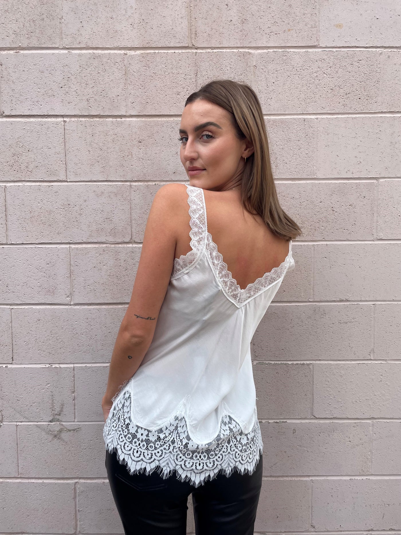 The Pink Door Lace Trim Cami - White