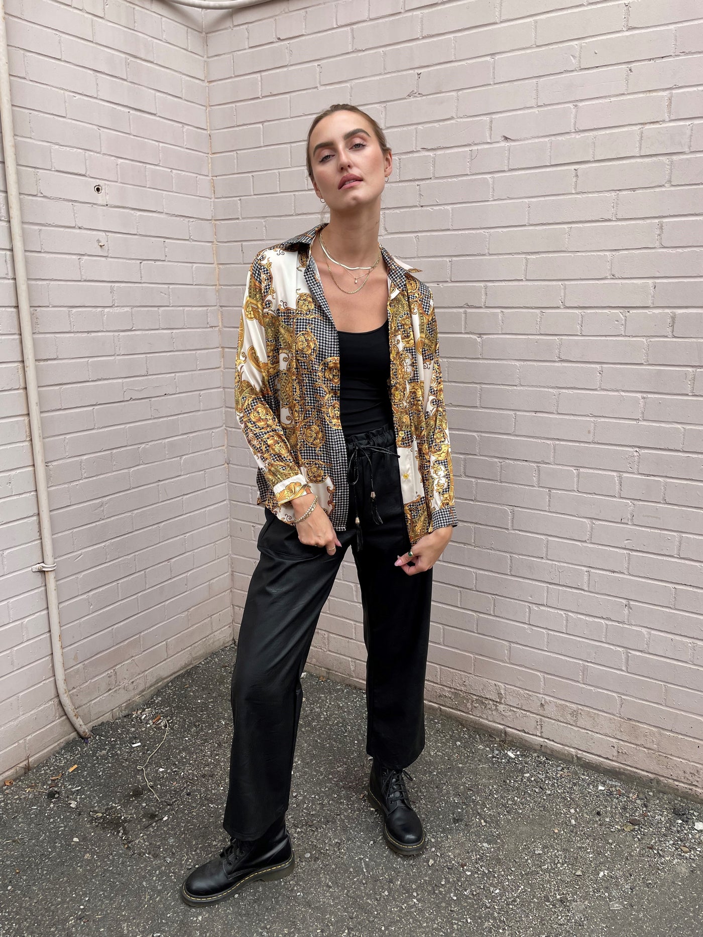 The Pink Door Gold Print Silky Shirt