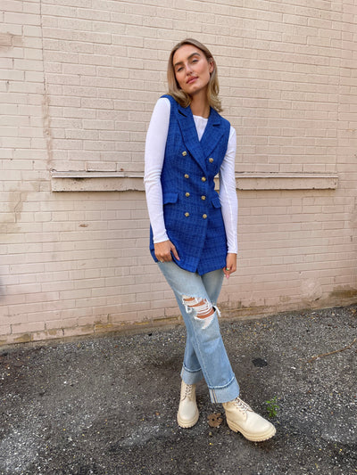 The Pink Door Long Tweed Vest - Royal