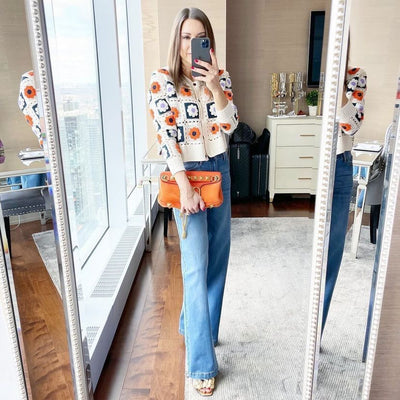 JUST ONE Knitted Floral Crop Sweater