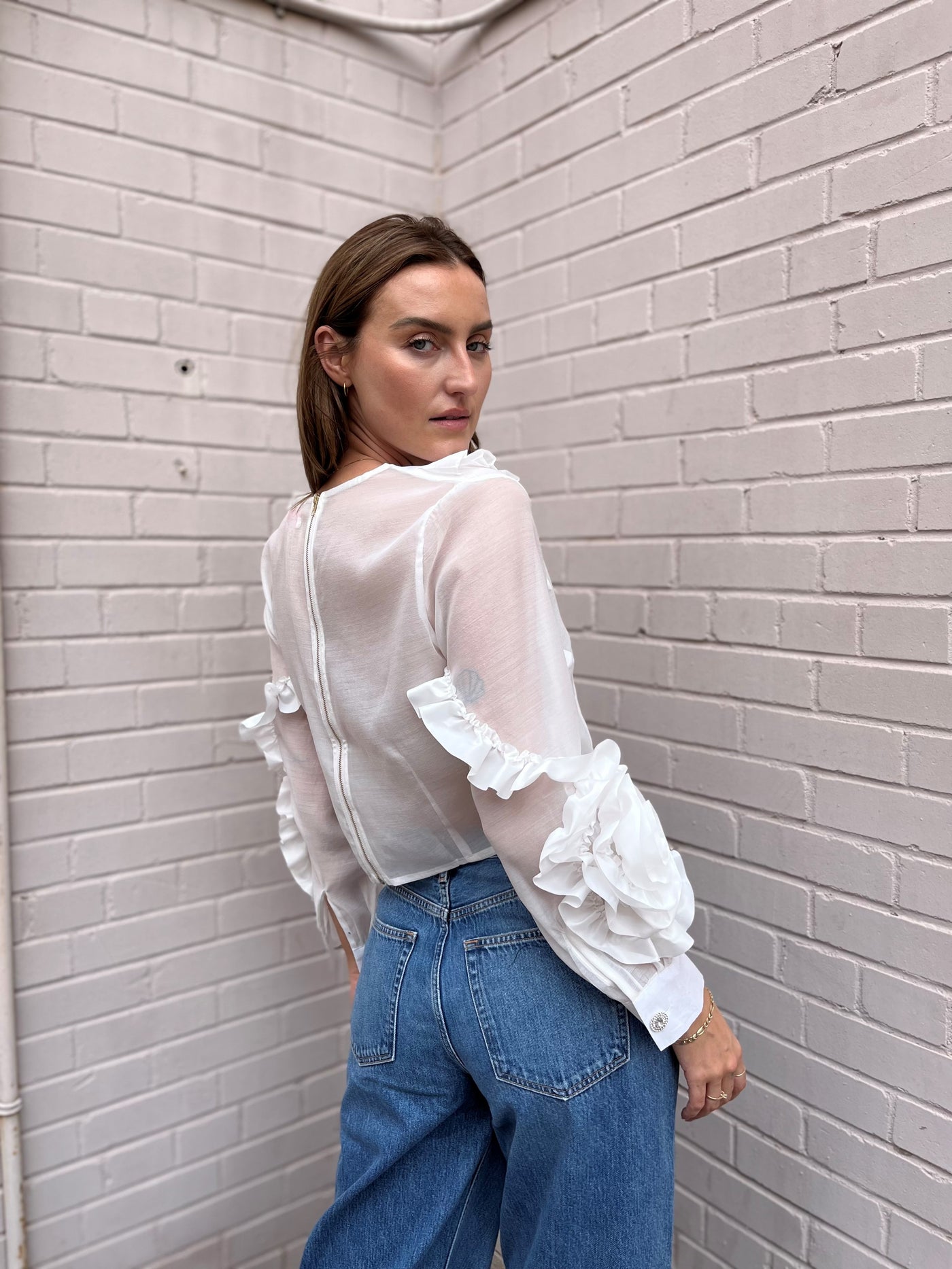 The Pink Door White Ruffle Rhinestone Top