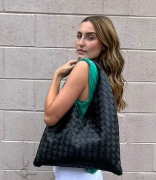 Woven Criss Cross Oversized Bag - Black