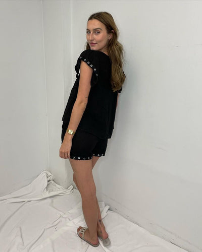 MINI Black Linen Top w/ Metal Sleeve Detail