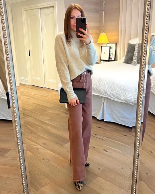 The Pink Door Mock Neck Sweater w/ Raised Seams - Neutral