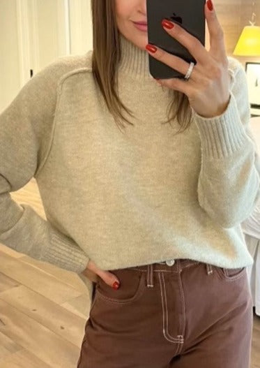 The Pink Door Mock Neck Sweater w/ Raised Seams - Neutral