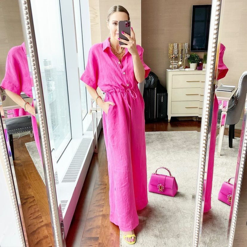 The Pink Door S/S Button Up Linen Jumpsuit - Hot Pink