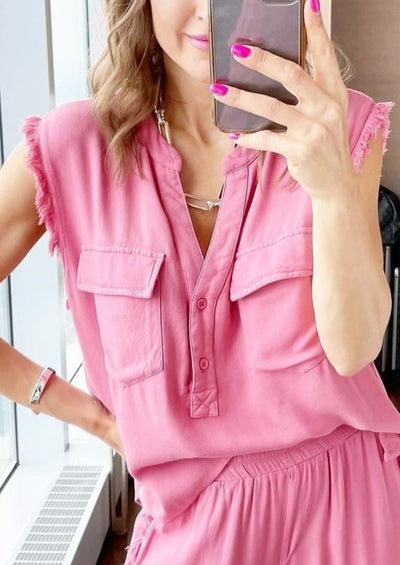 Fate Fray Finish Pocket Detail Top - Rose