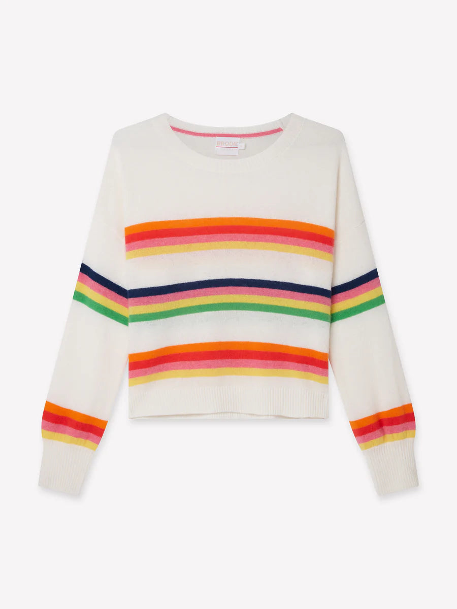 Brodie Pop Stripe Crew Sweater - White/Orange