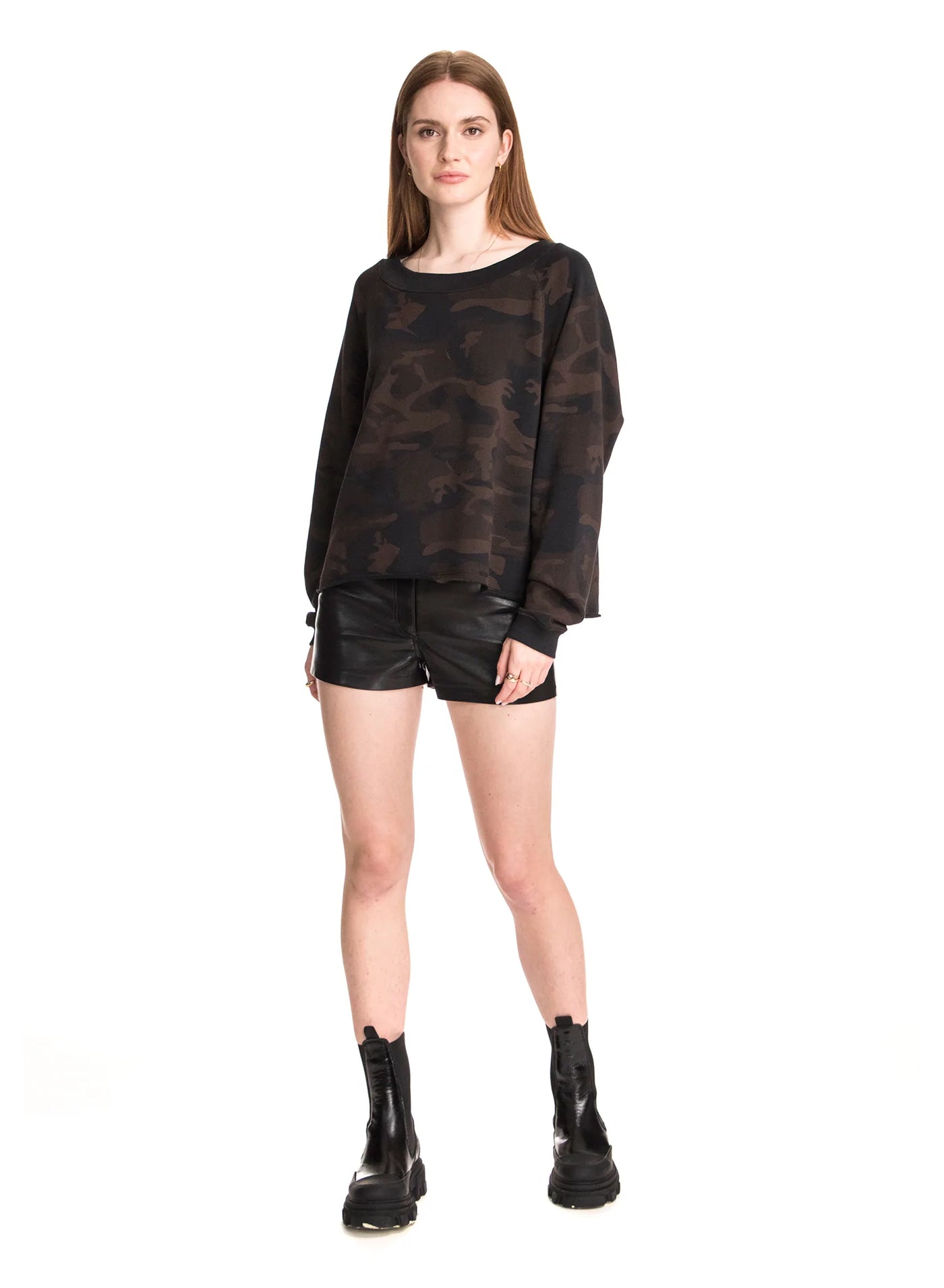 CHRLDR Anna Crop Boatneck Sweatshirt - Black Camo