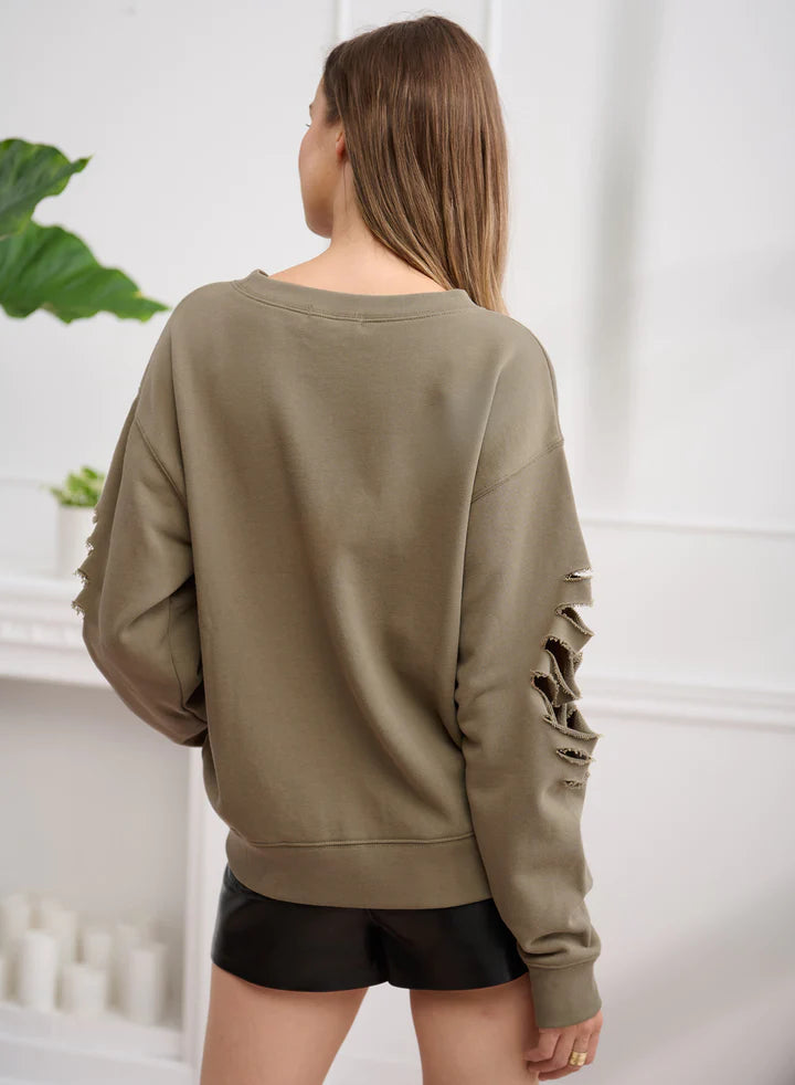 CHRLDR Shredded Blair Crew Neck SweatShirt-Olive