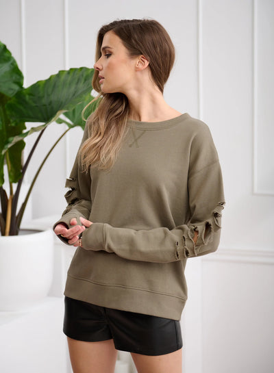 CHRLDR Shredded Blair Crew Neck SweatShirt-Olive
