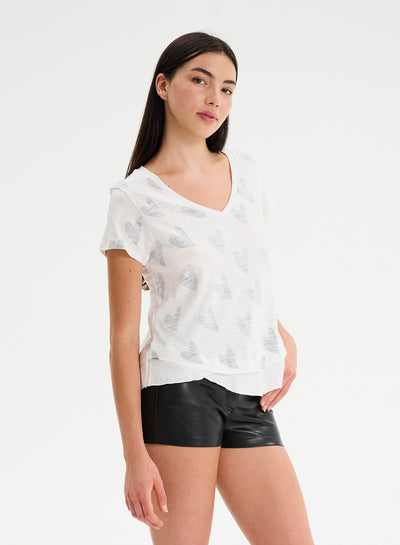 CHRLDR Doodle Hearts Ava V Neck Mock Layer T-shirt - White
