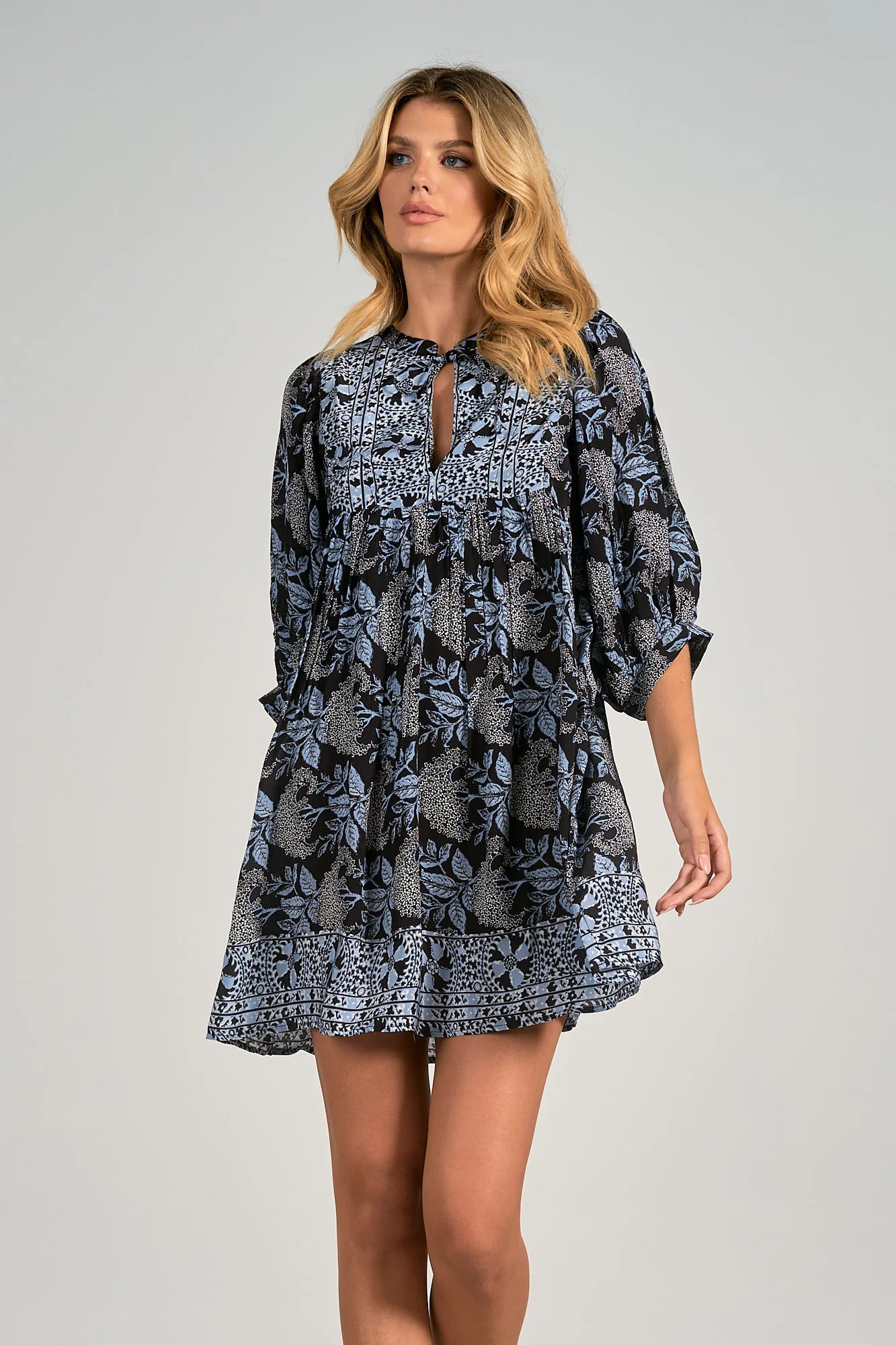 Elan Baby Doll Costa Floral Print Dress - Blue/Black