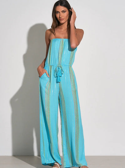 Elan Strapless Long Jumpsuit - Teal Embroidered