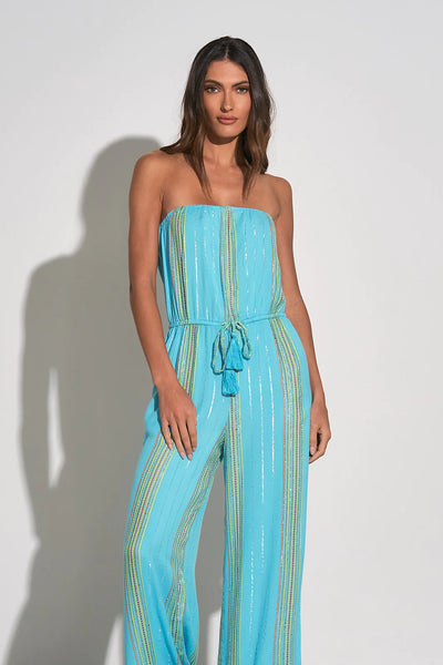 Elan Strapless Long Jumpsuit - Teal Embroidered