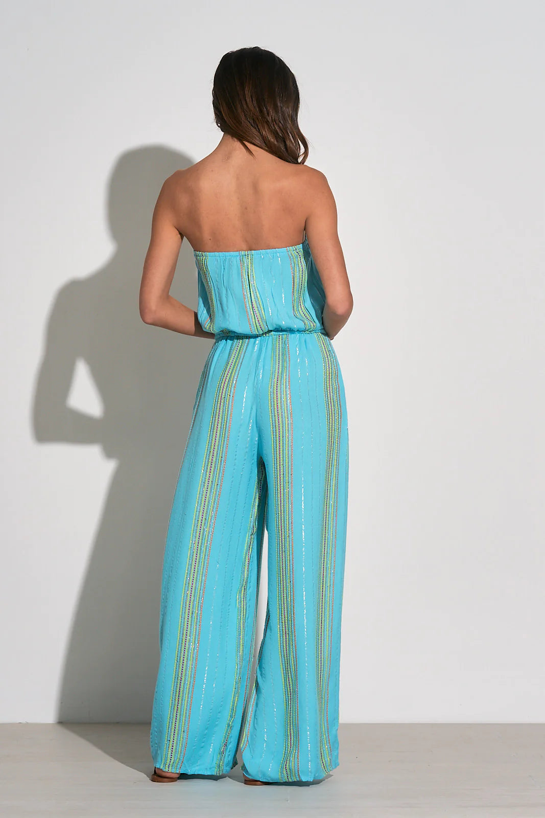 Elan Strapless Long Jumpsuit - Teal Embroidered