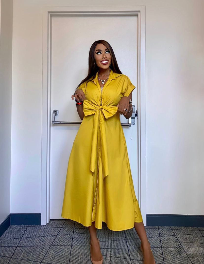 Ina Mustard Cotton Tie Front Dress