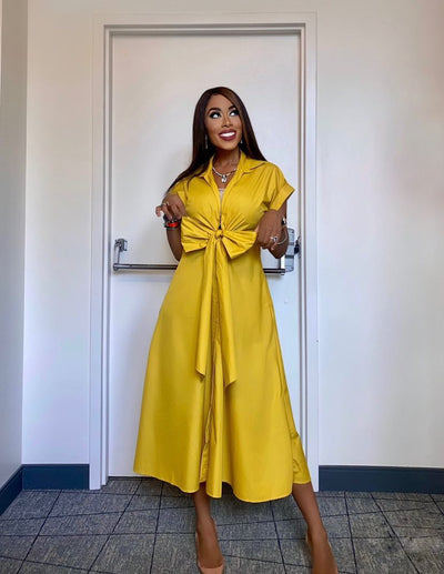 Ina Mustard Cotton Tie Front Dress