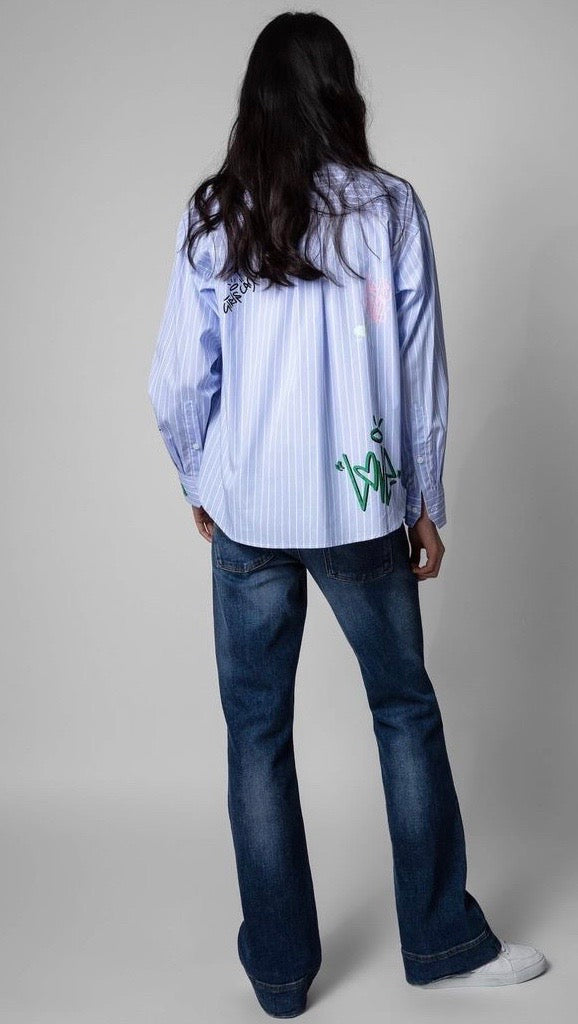 ZADIG & VOLTAIRE Tais Blue Pin Stripe Graffiti Top