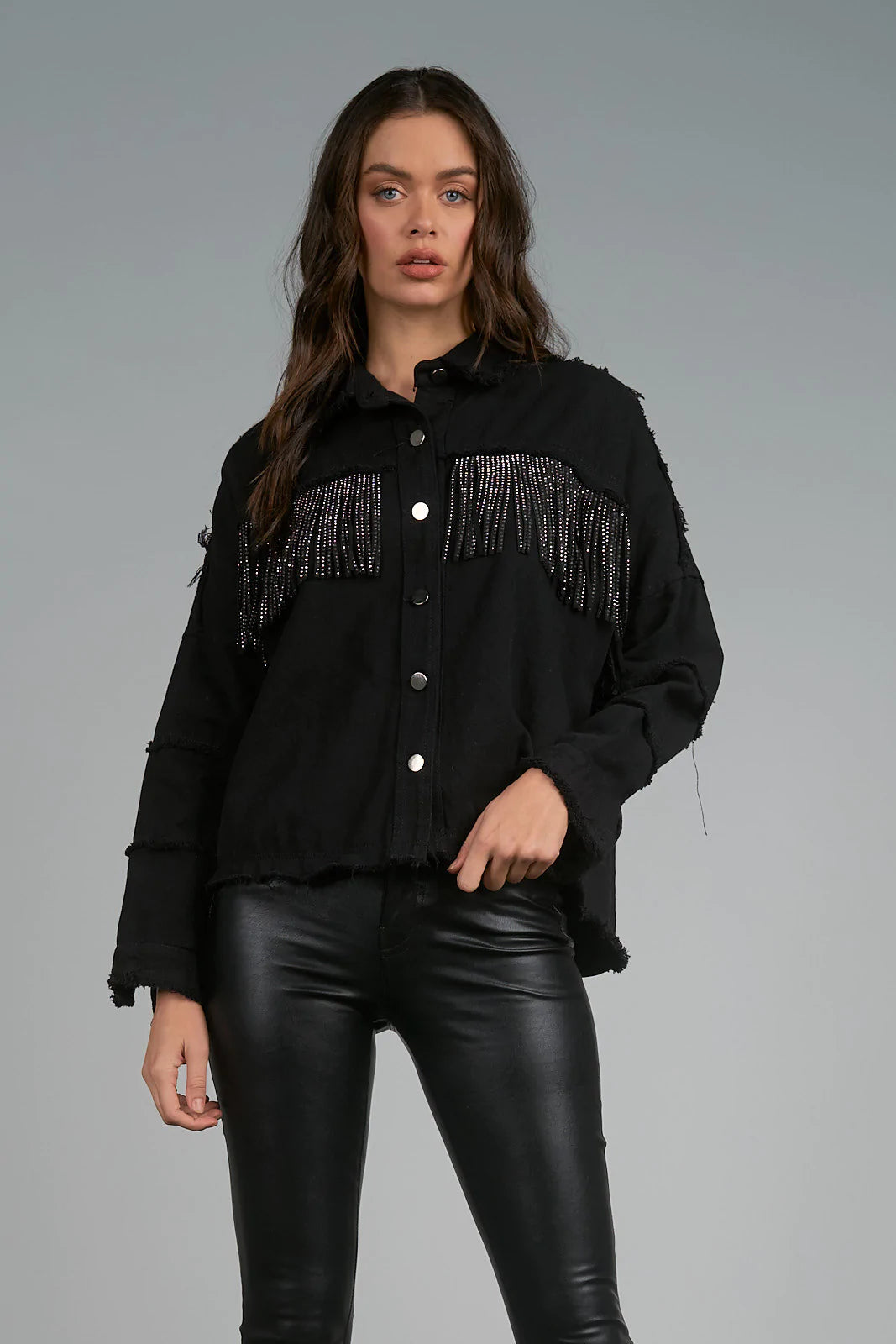 Elan Distressed Fringe Rhinestone Jacket - Black
