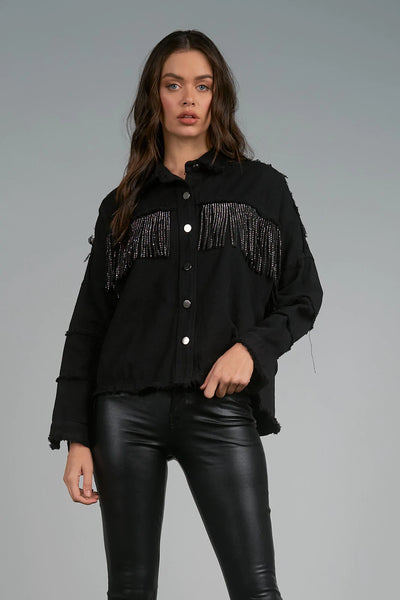 Elan Distressed Fringe Rhinestone Jacket - Black