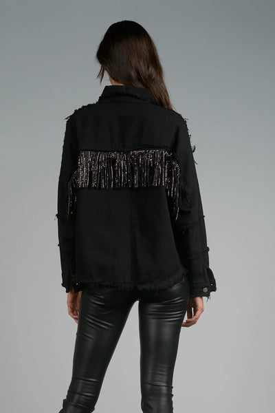 Elan Distressed Fringe Rhinestone Jacket - Black