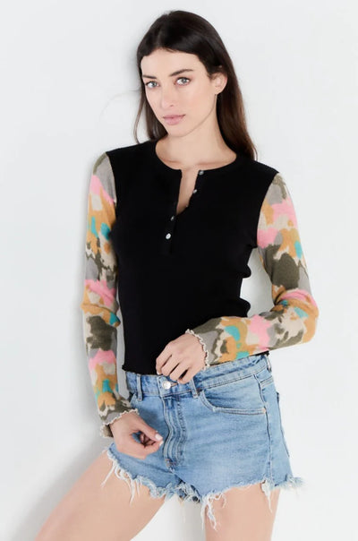 Lisa Todd “Disarming” Ribbed Black Top w/ Camo Colourful Sleeves