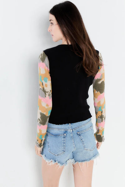 Lisa Todd “Disarming” Ribbed Black Top w/ Camo Colourful Sleeves