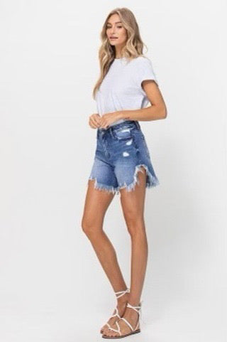 The Pink Door Frayed Side Cut Denim Shorts