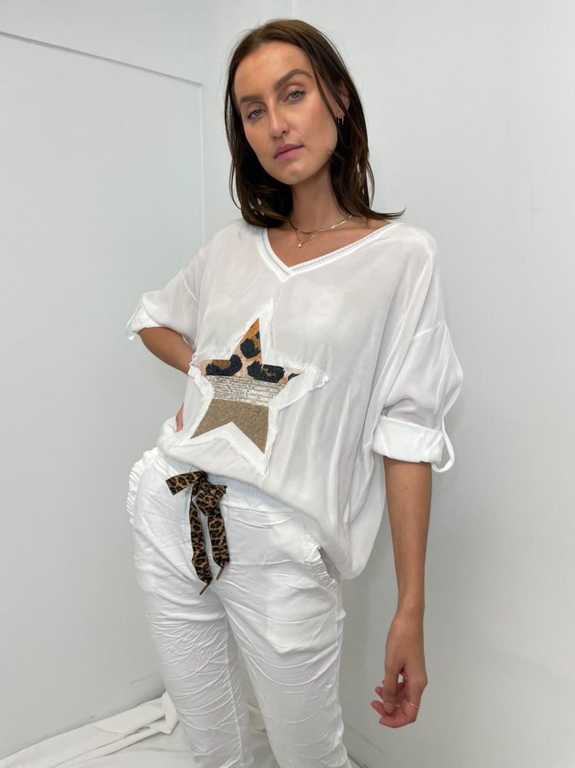 MINI V-neck Long Sleeve Star Top - White
