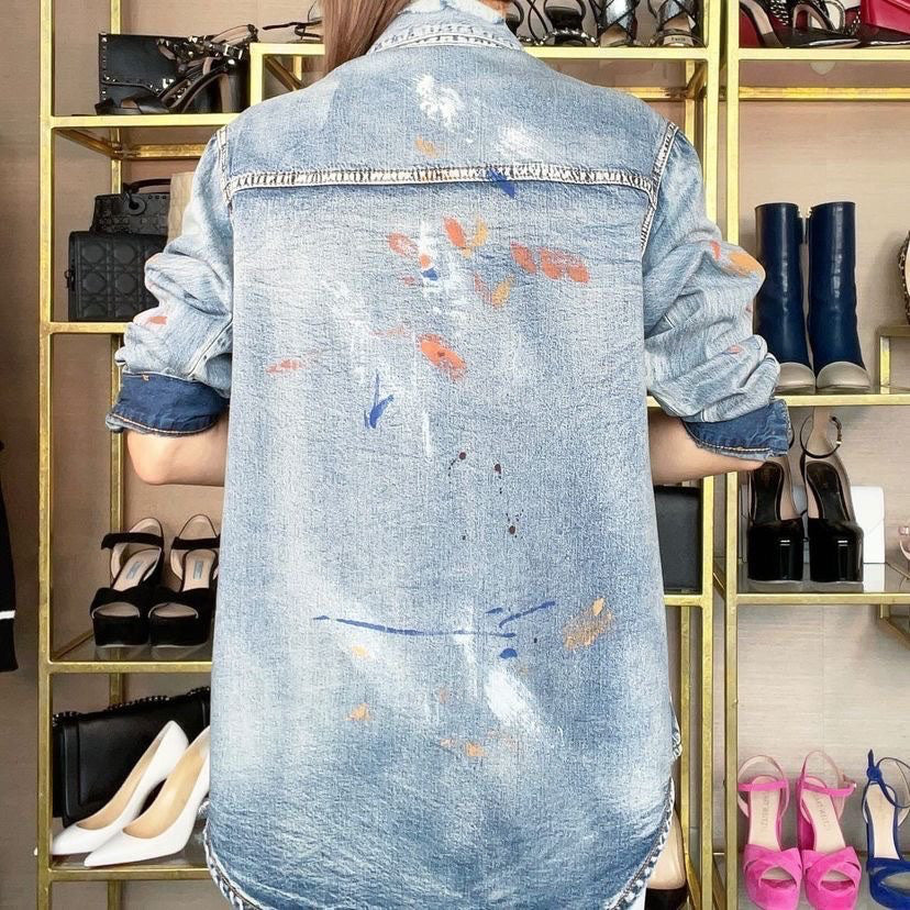 VEVERET Long Sleeve Pain Spattered Denim Top