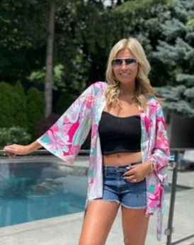 The Pink Door Silky Abstract Kimono - Pink- Green