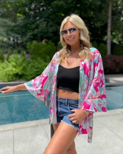The Pink Door Silky Abstract Kimono - Pink- Green