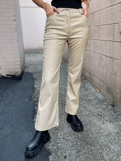 The Pink Door Flare High Waisted Leather Pants - Bone