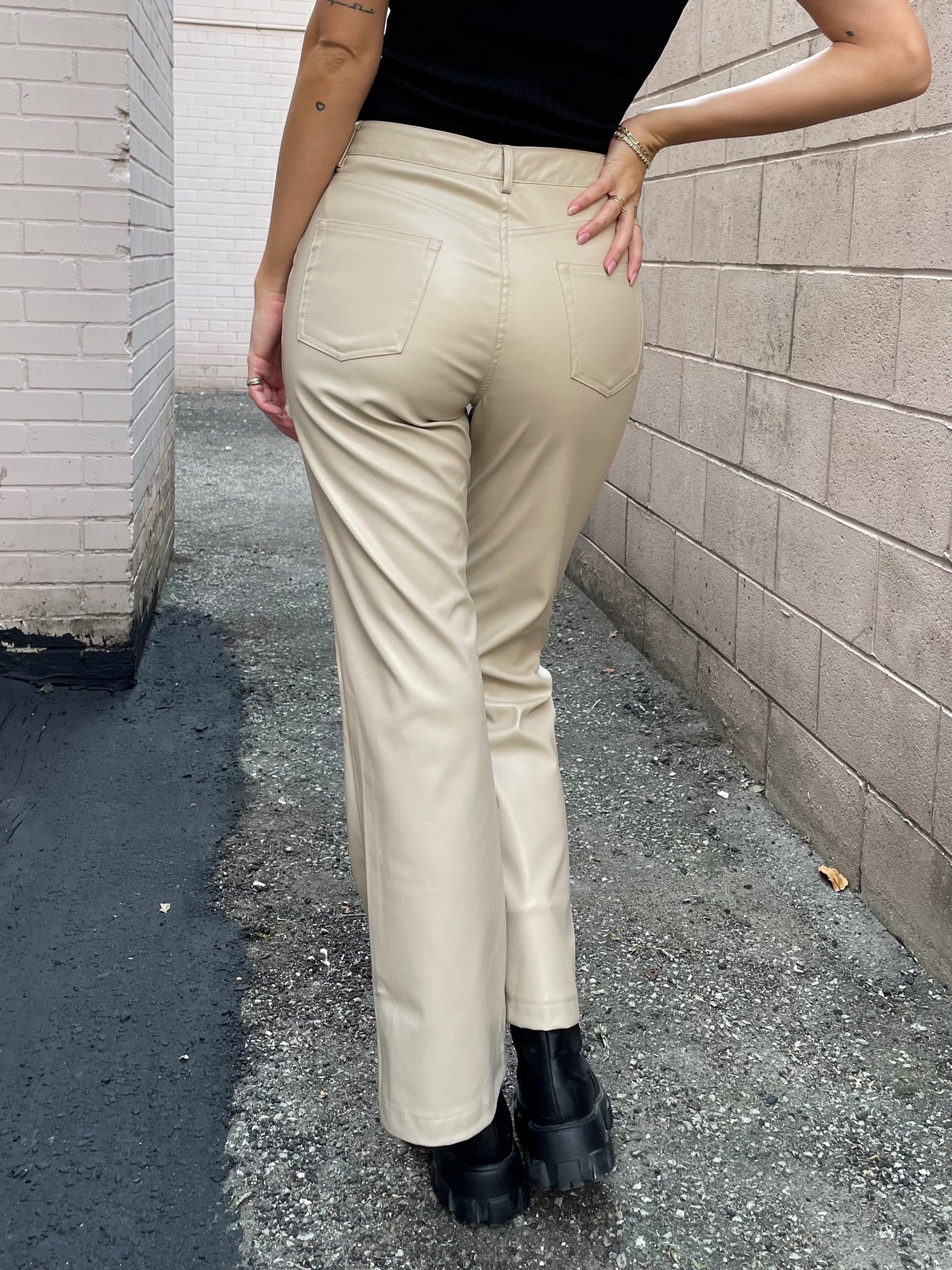 The Pink Door Flare High Waisted Leather Pants - Bone