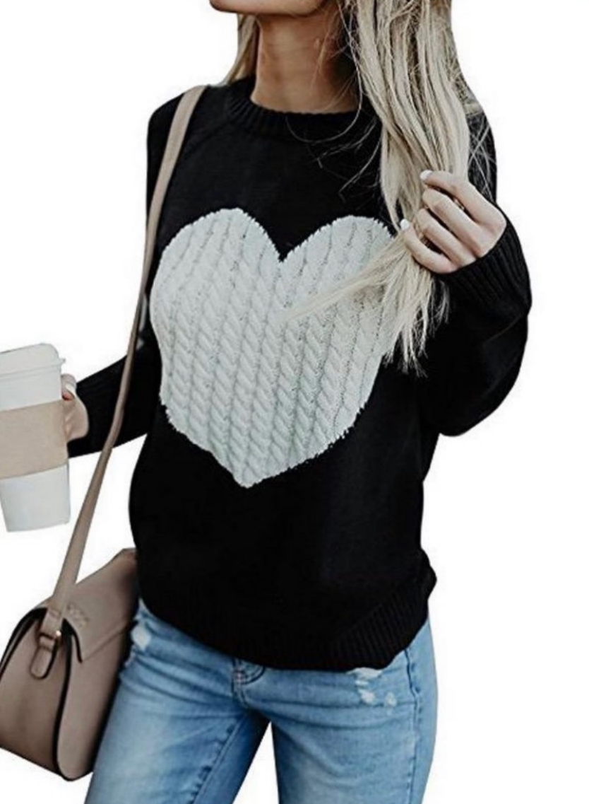 The Pink Door Black Sweater w/ White Heart Detail