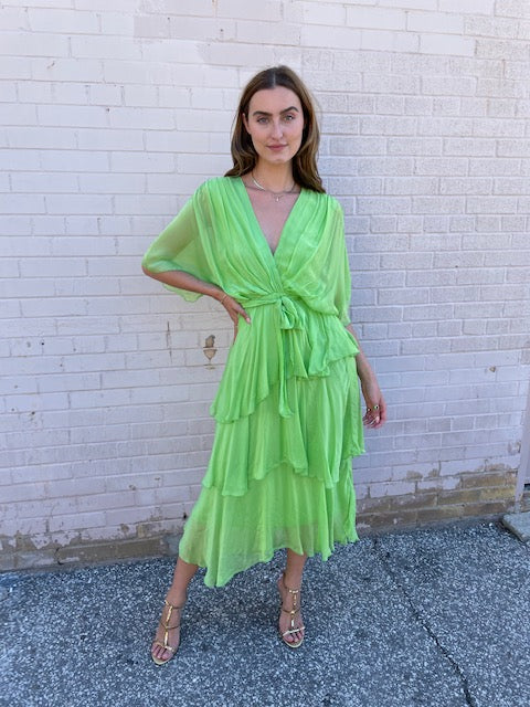 The Pink Door Long Silky Ruffle Crossover Dress - Lime