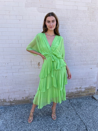 The Pink Door Long Silky Ruffle Crossover Dress - Lime