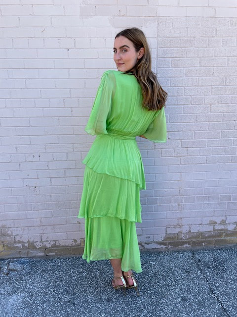 The Pink Door Long Silky Ruffle Crossover Dress - Lime
