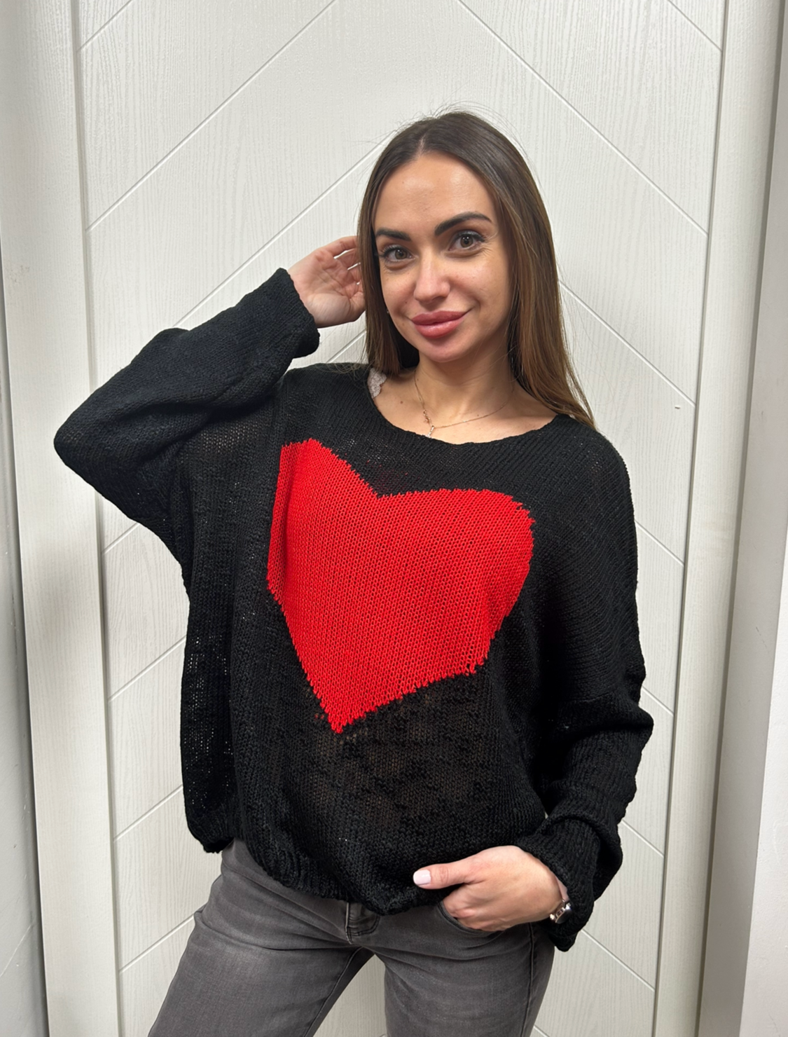 The Pink Door Black Sweater w Red Heart Detail Shop The Pink Door