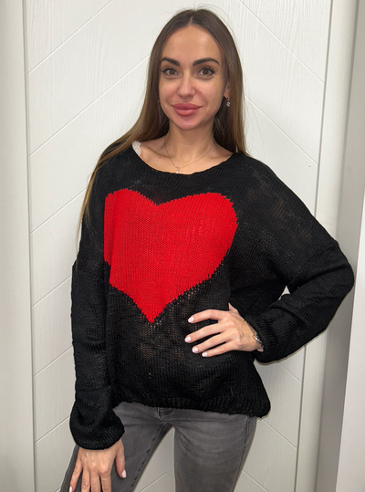 The Pink Door Black Sweater w/ Red Heart Detail