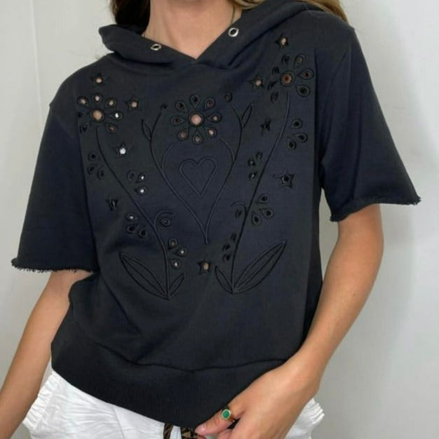 CHRLDR Eyelet Bouquet Cutout Sleeve Hoodie