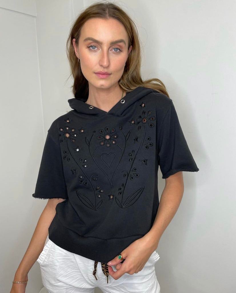 CHRLDR Eyelet Bouquet Cutout Sleeve Hoodie