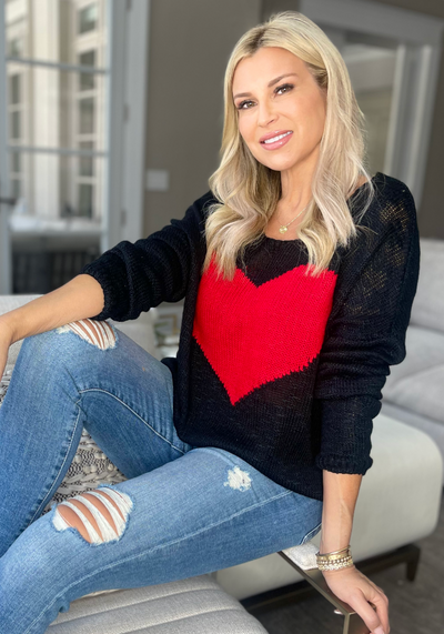 The Pink Door Black Sweater w/ Red Heart Detail